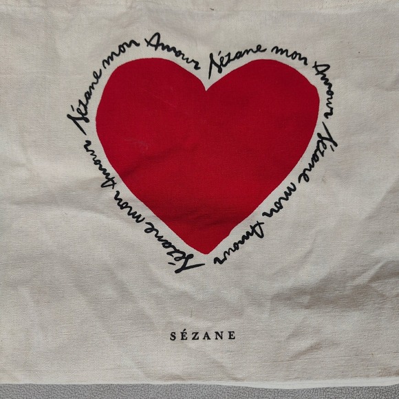 SEZANE Canvas Tote Bag Red Heart Amour Mon Amour Script Logo Cotton - Picture 3 of 9
